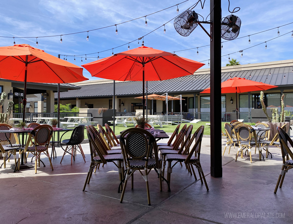 outdoor patio with umbrellas at one of the most unique Scottsdale restaurants