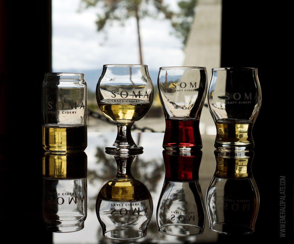 four cider tasting glasses from Soma Cidery