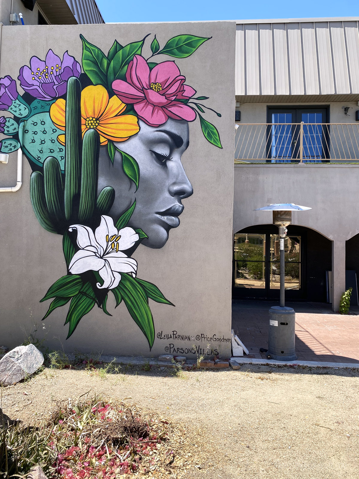 mural in Old Town Scottsdale of a woman with desert floral in her hair