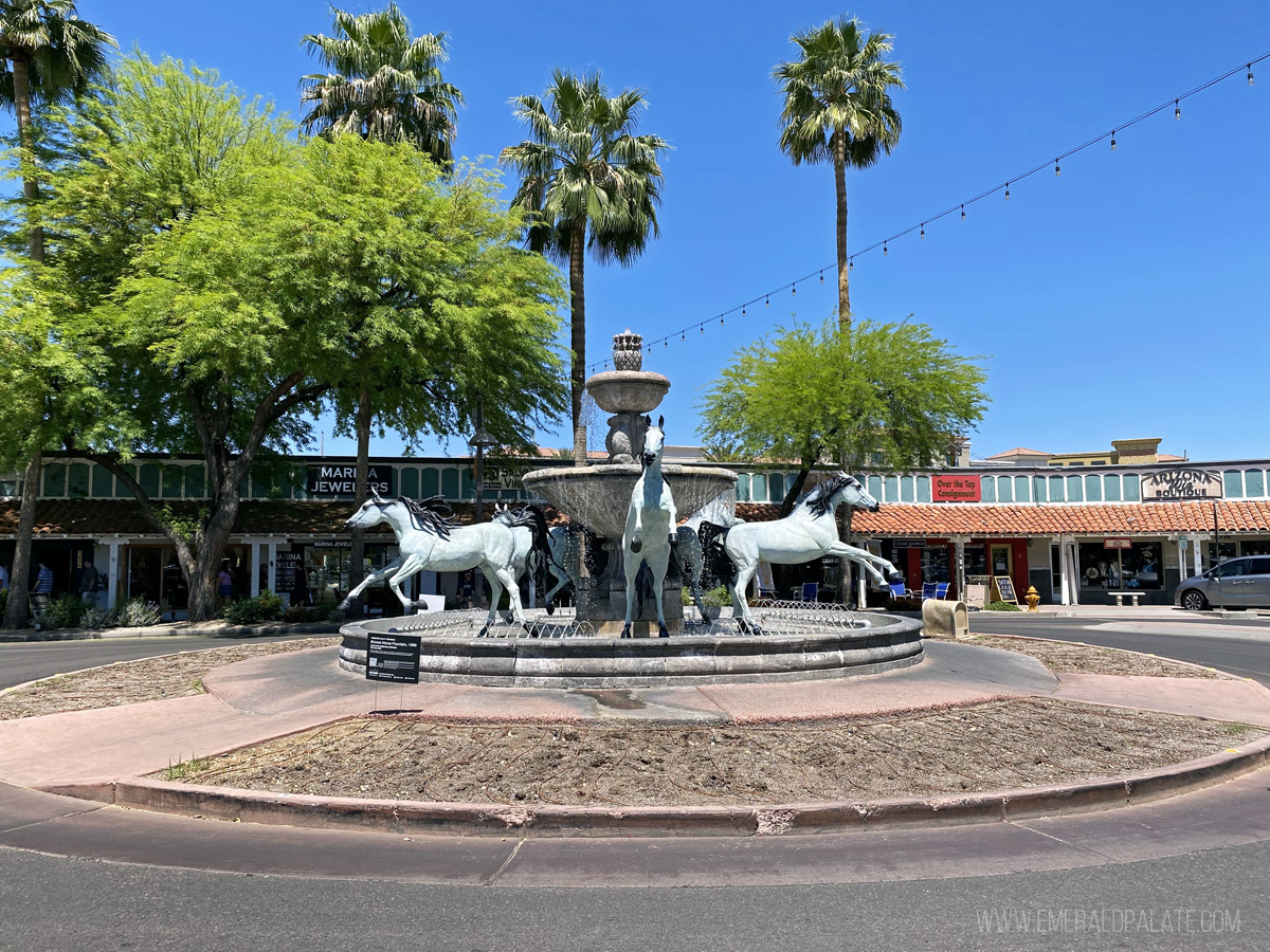 fountain with four horse sculptures in it in Old Town Scottsdale