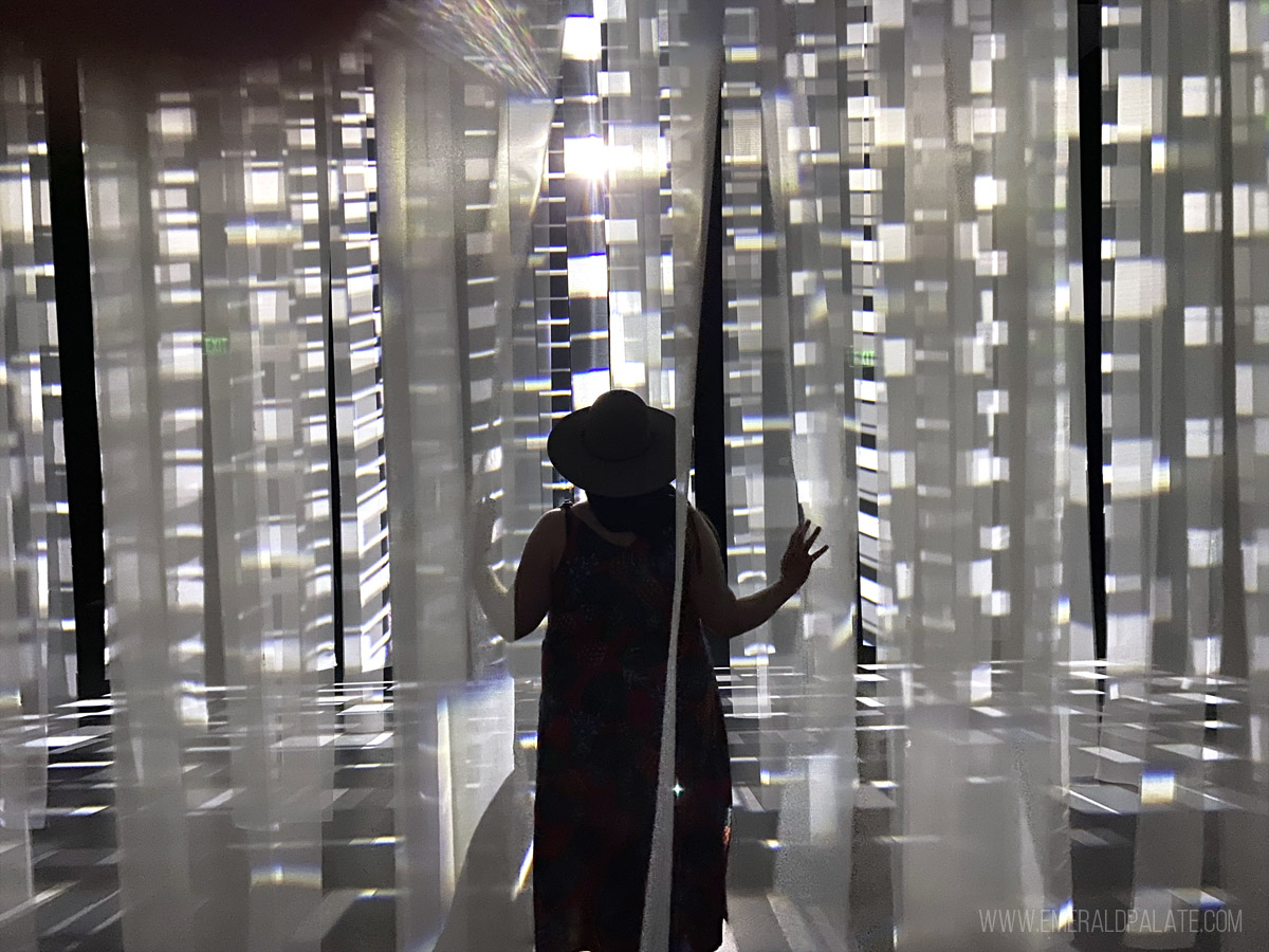woman walking through silks being lit by strobe lights at a Scottsdale museum