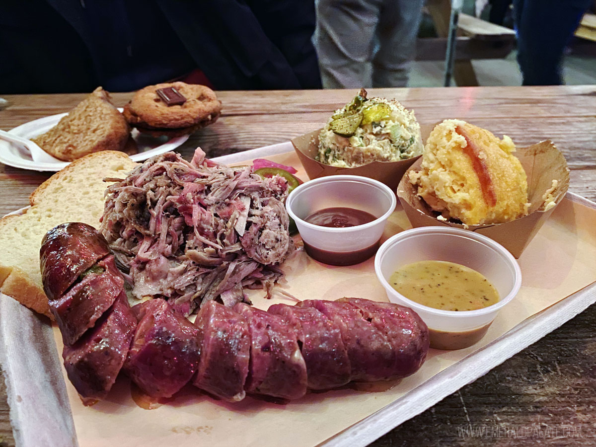 BBQ plate with sausage and pulled pork