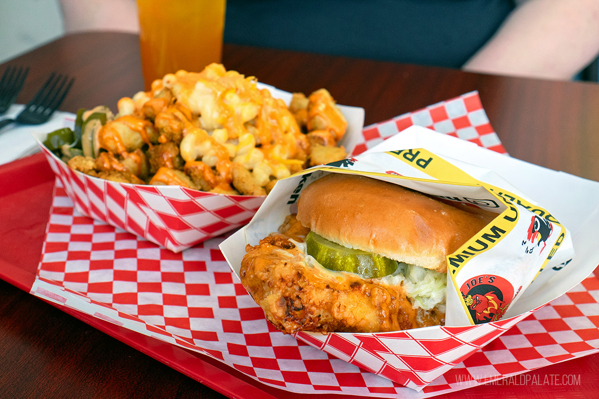 Spicy hot chicken sandwich and mac and cheese