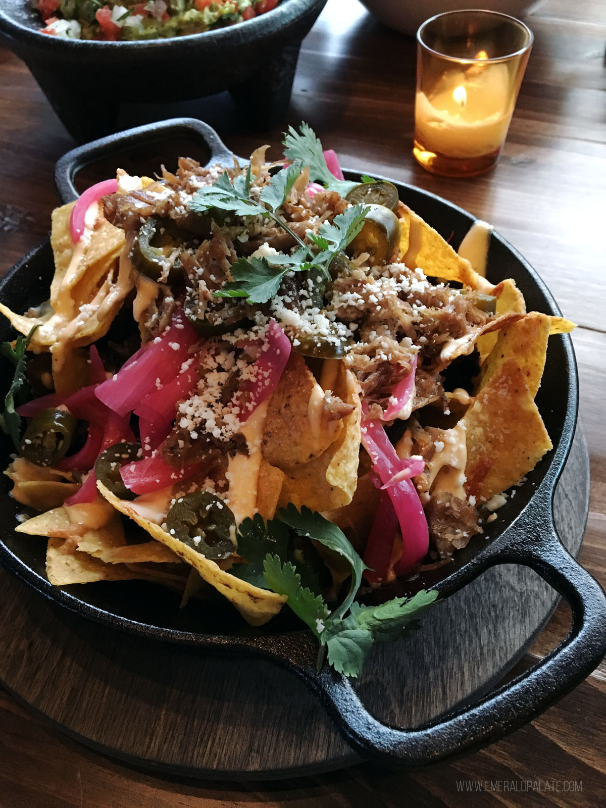 Seattle nachos in a cast iron skillet