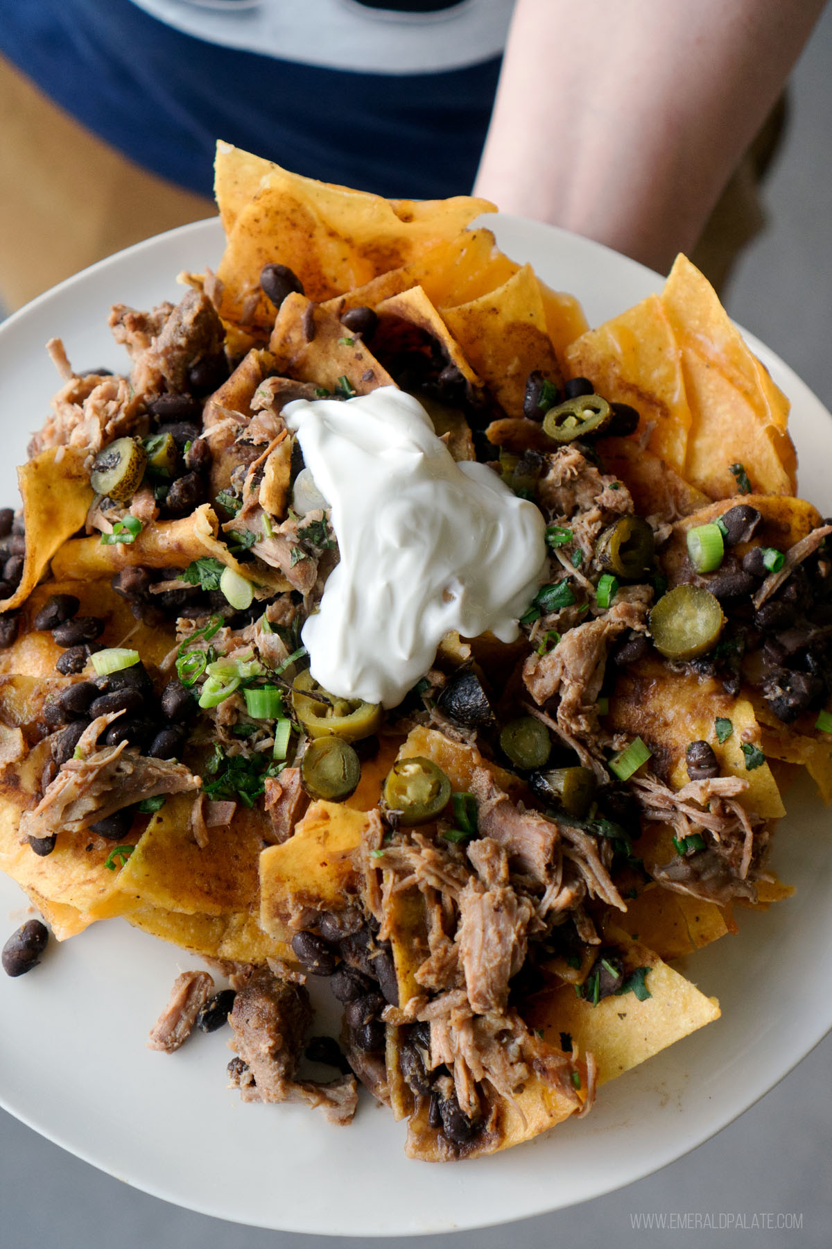 nachos topped with pulled pork, black beans, corn, and sour cream