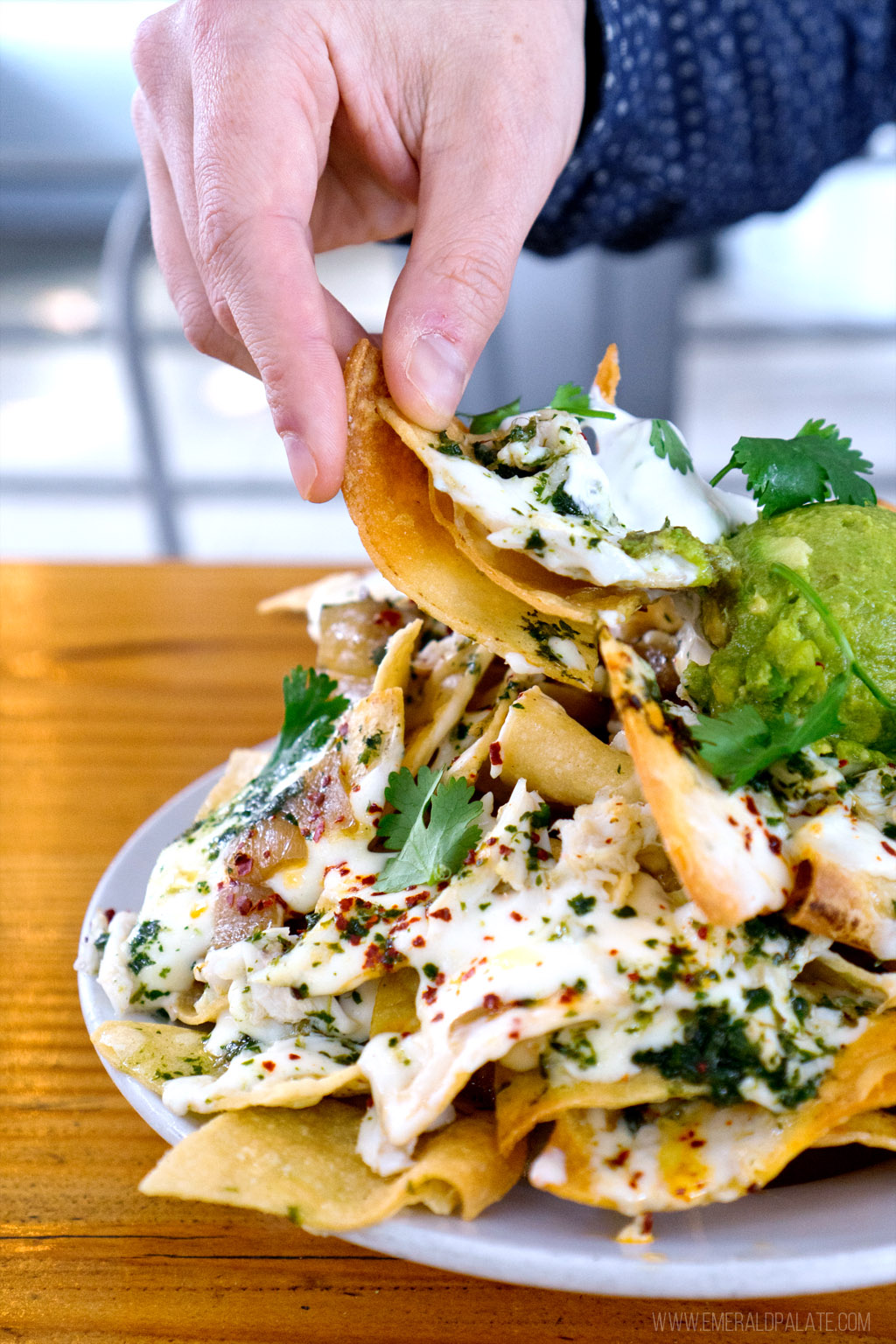 person picking up a chip from a pile of the nachos from one of the best happy hour places in Seattle