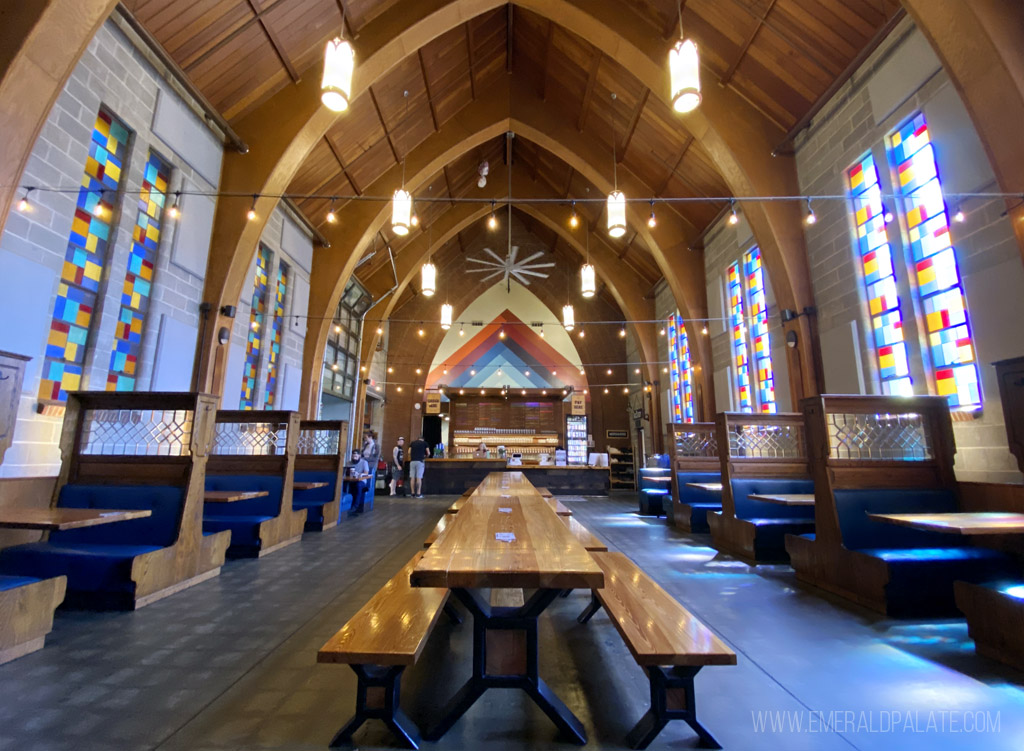 inside a cathedral turned into a beerhall, one of the most fun things to do in Eugene, Oregon