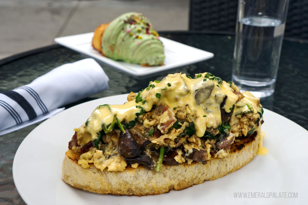 mushroom toast and a pistachio croissant