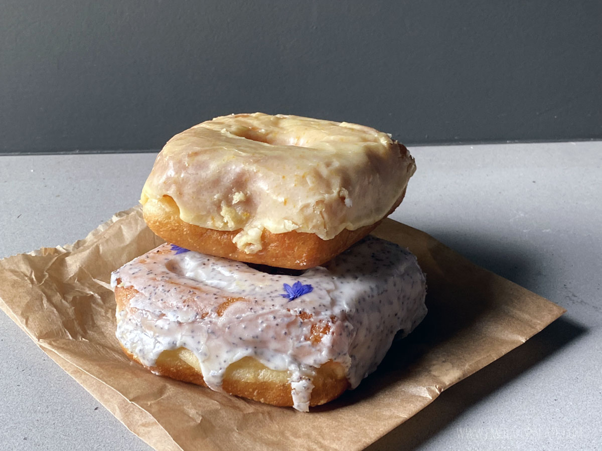 two doughnuts from a Santa Barbara restaurant stacked on top of each other