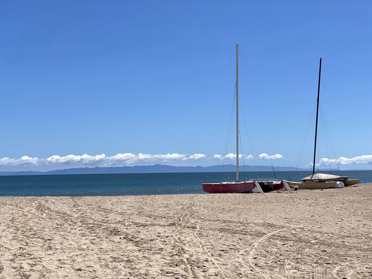 view of West Beach with boats ashore in Santa Barbara