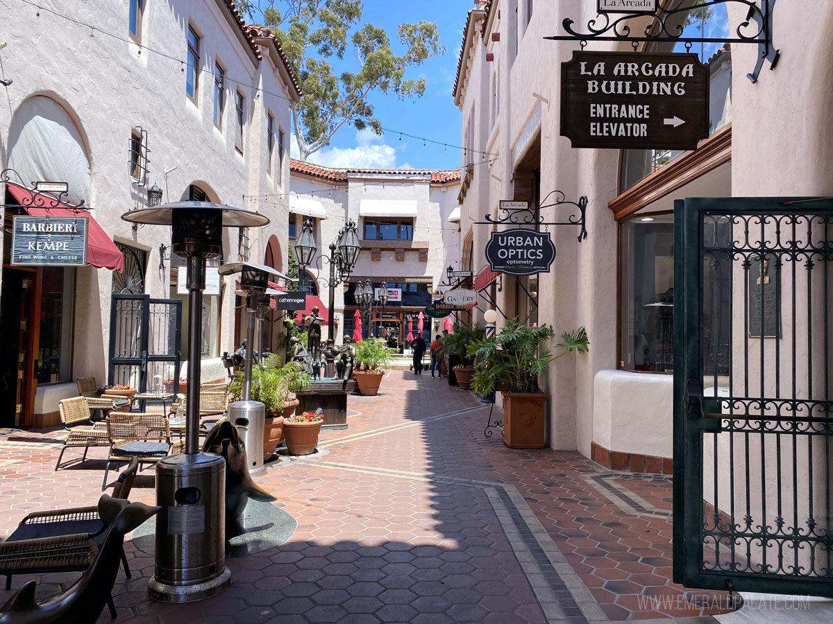Spanish style buildings made up of shops in Santa Barbara, California