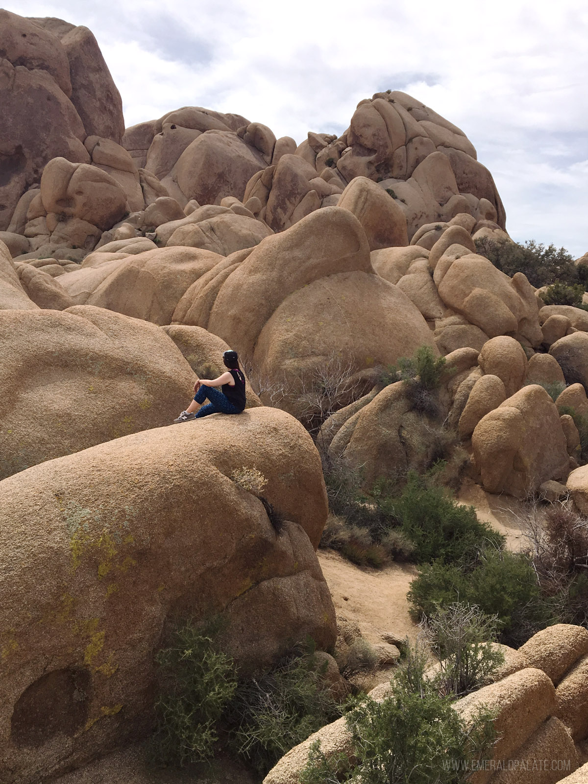 woman sitting on rock formations in Joshua Tree National Park