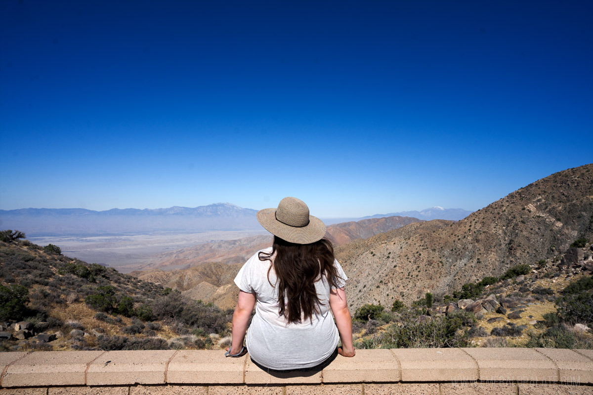 woman sitting on a ledge overlooking a viewpoint