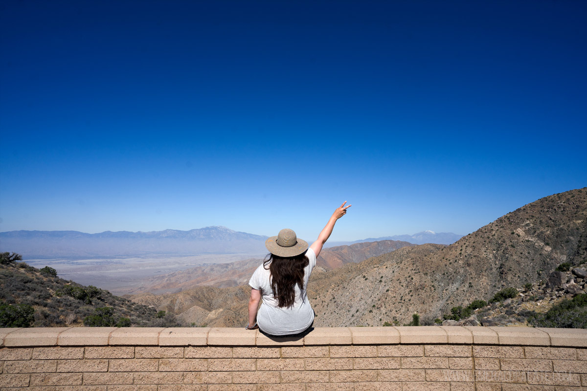 woman sitting on a ledge giving the peace sign overlooking a viewpoint at Joshua Tree National Park