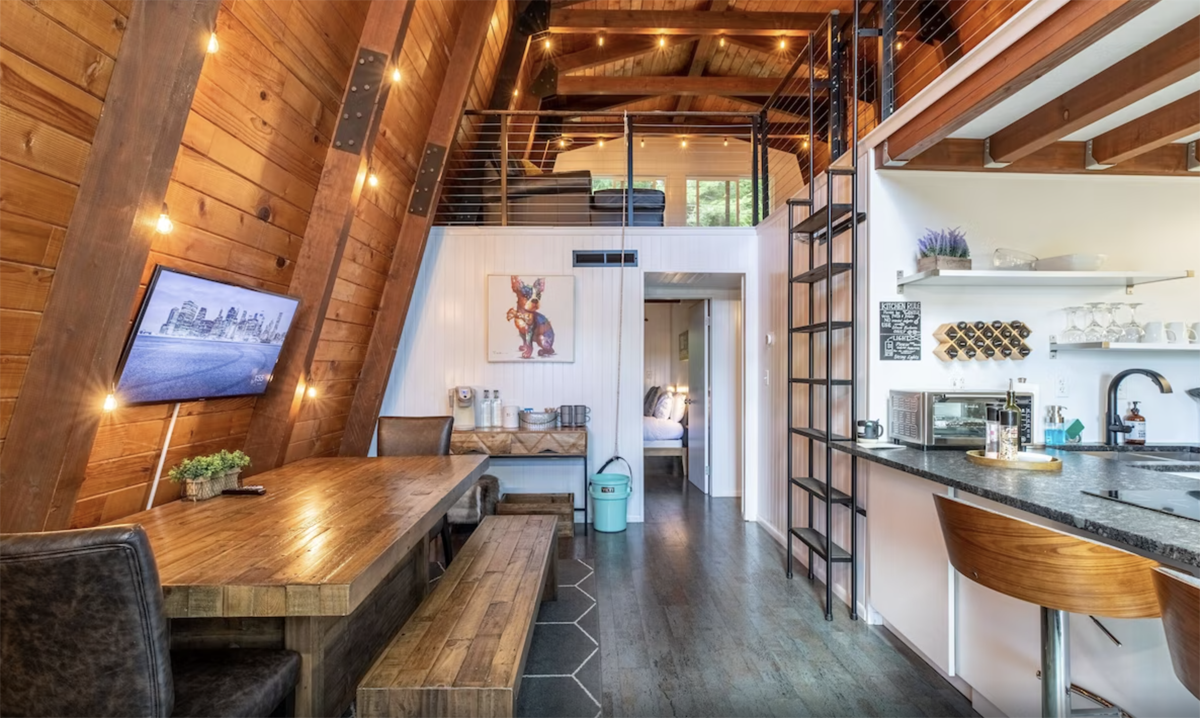 inside an a-frame log cabin in Washington