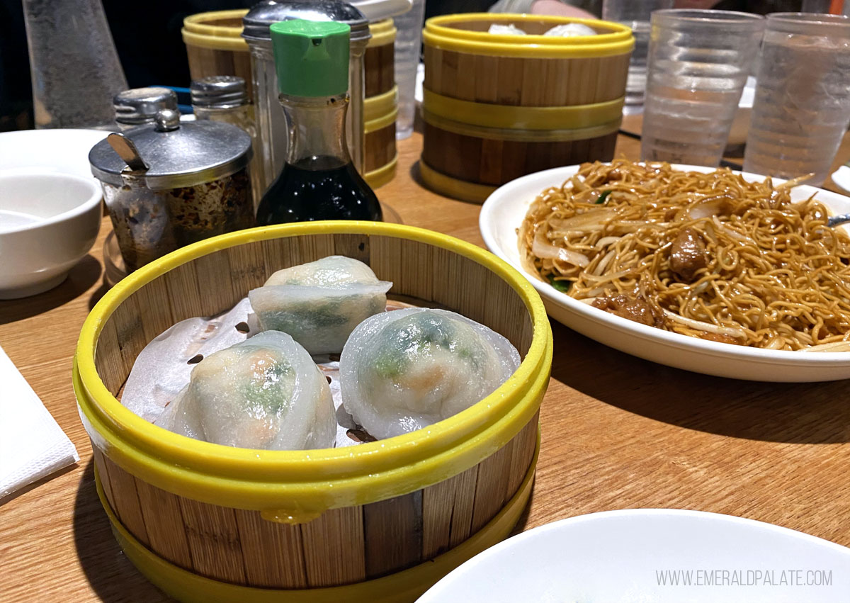 bamboo steamer baskets filled with dumplings at a Seattle Chinese restaurant