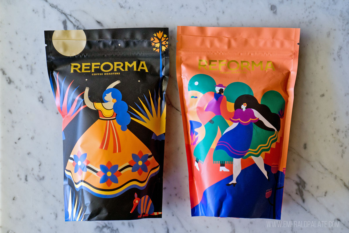 2 colorful bags of Reforma Coffee