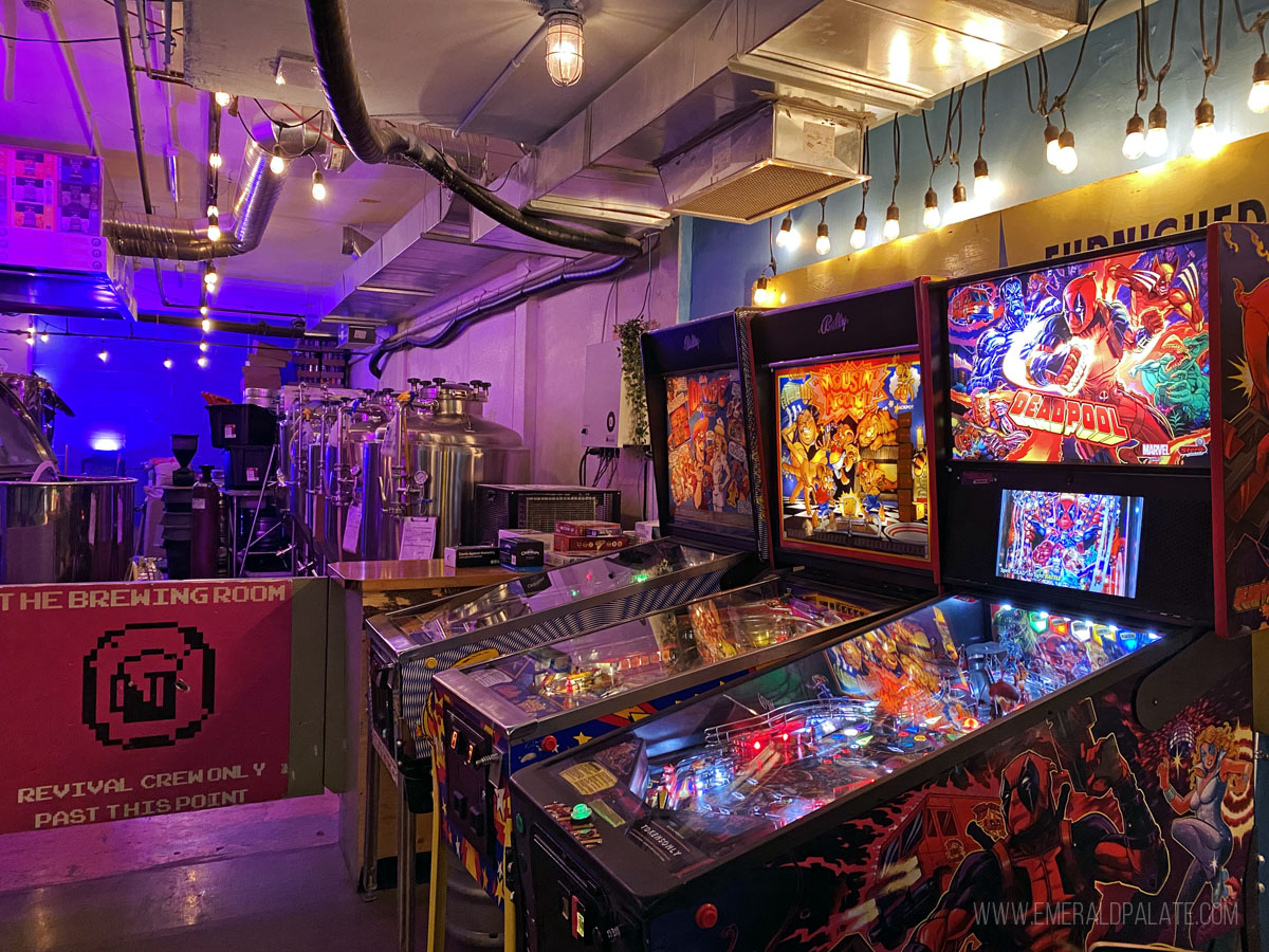pinball machines at a brewery in Calgary