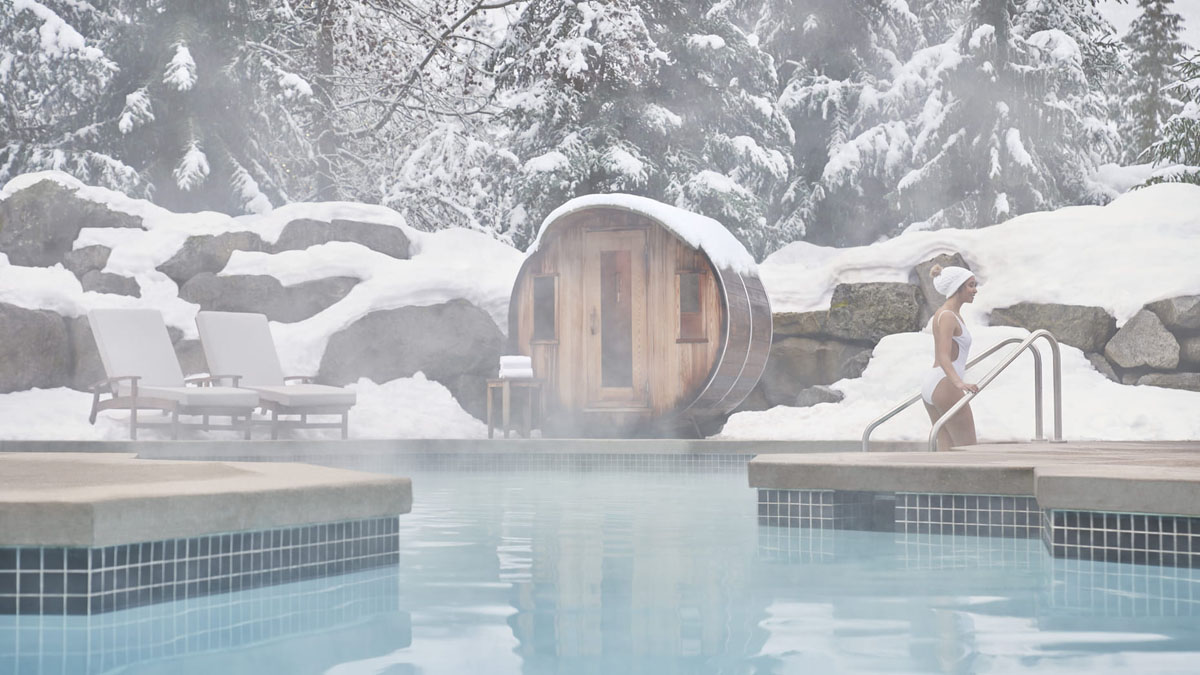 steamy pool and sauna in snow at a Whistler Resort