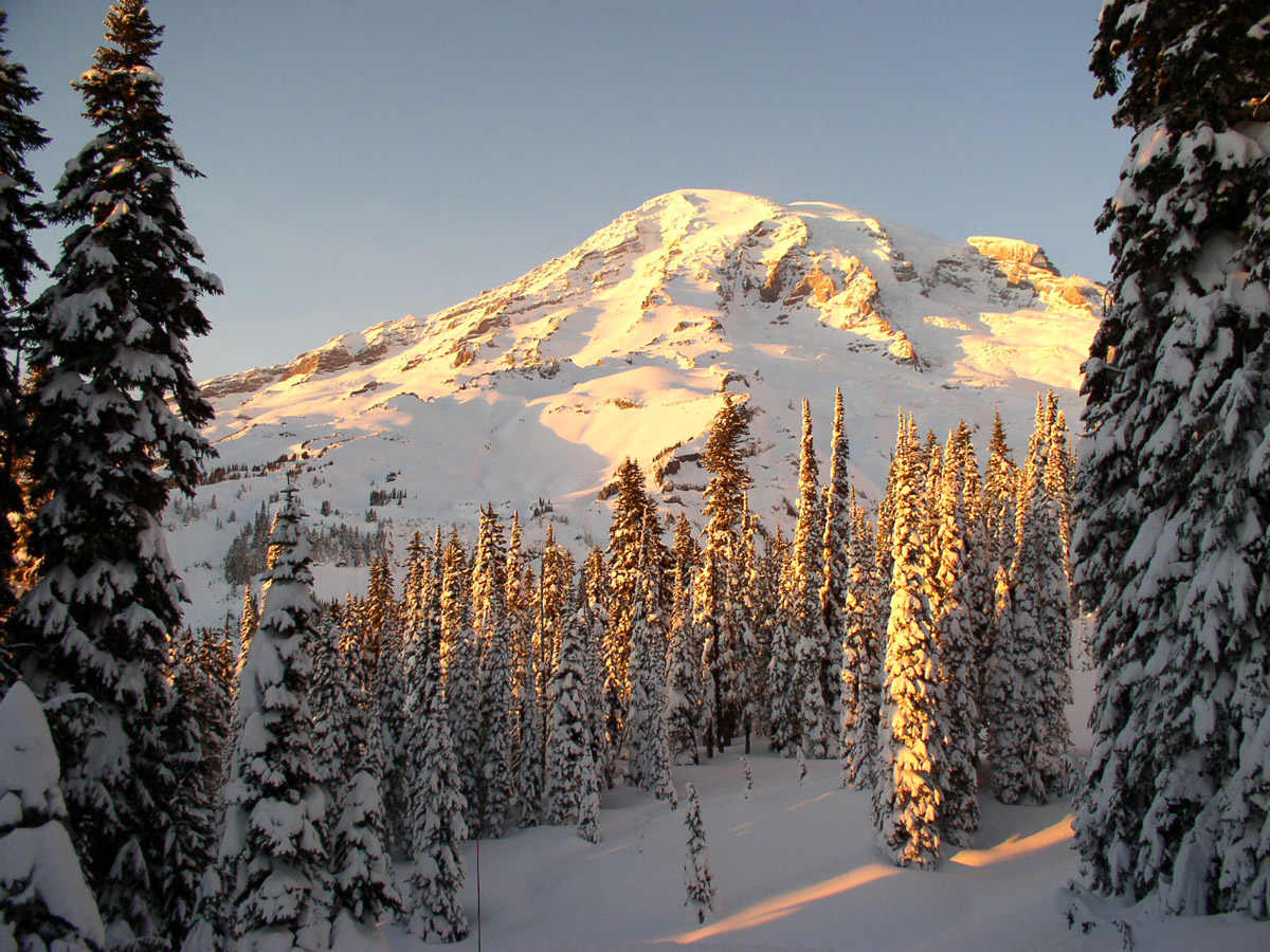 Mount Rainier National Park covered in snow, one of the best winter getaways in Washington state