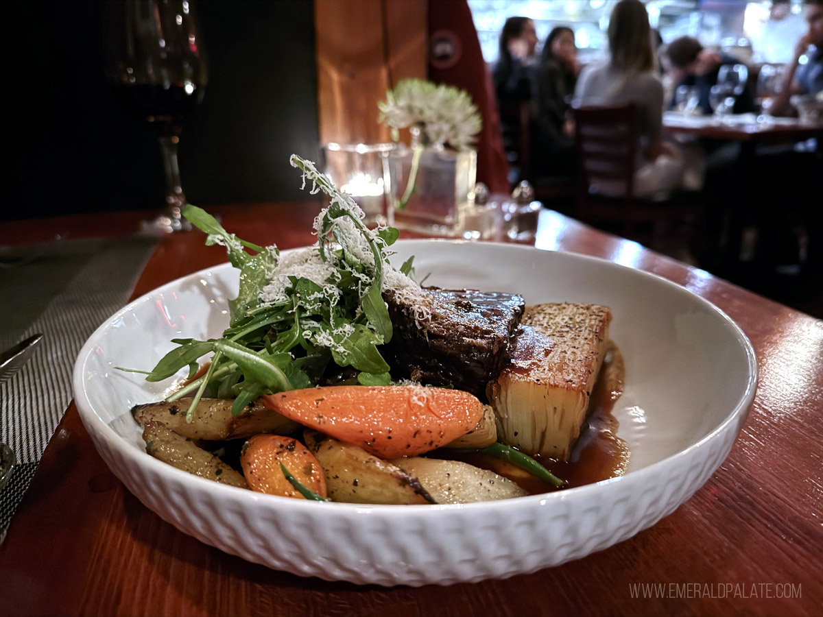 bowl of short ribs and root vegetables from one of the best restaurants in Whistler BC
