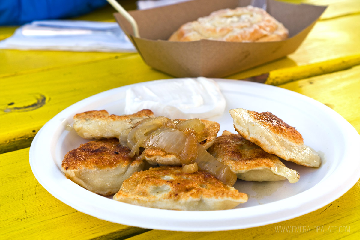 plate of pierogies from a Bend food cart pod