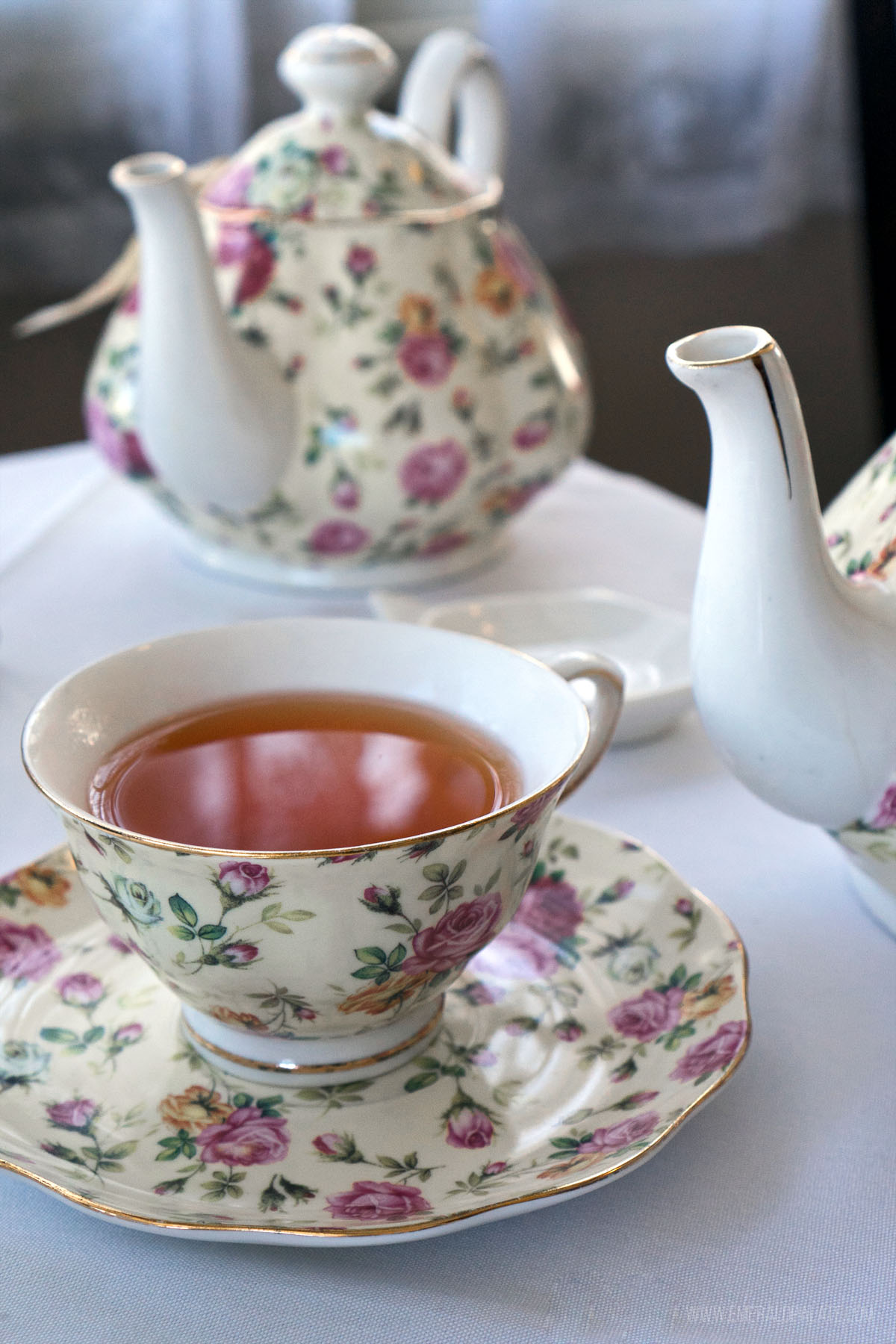 Fine china tea cups and pot from afternoon tea spot in Victoria, British Columbia