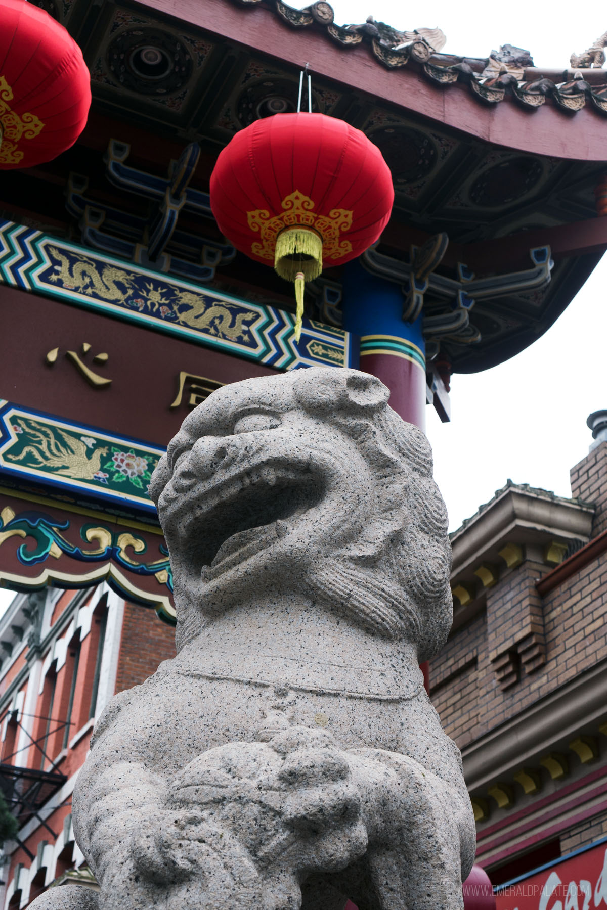 close up of a lion sculpture at the gate of Chinatown in Victoria, Canada