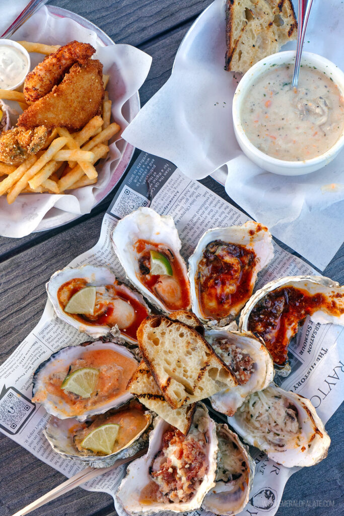 platter of oysters, chowder, and fish and chips