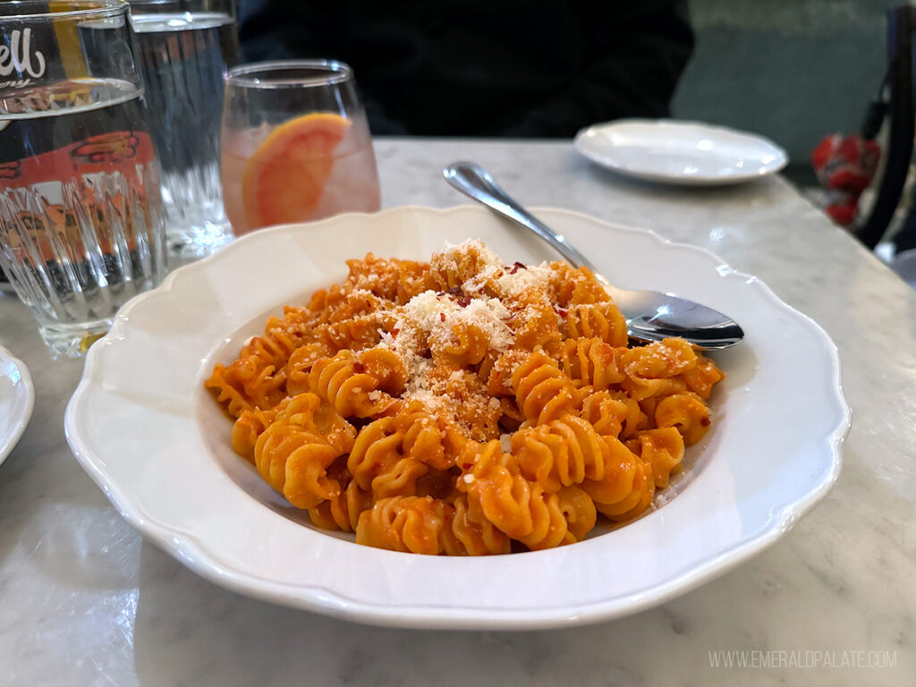 Caffé La Tana rigatoni with spicy vodka sauce in a bowl