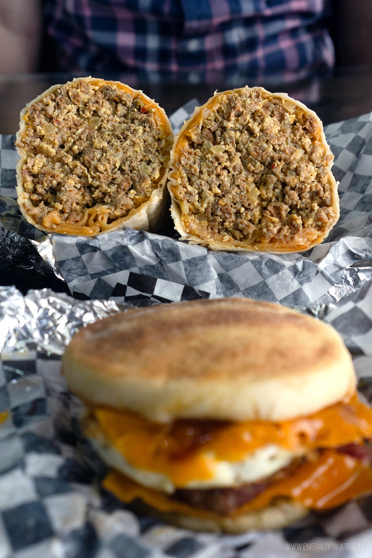 Burrito cut in half with a ton of chorizo in it