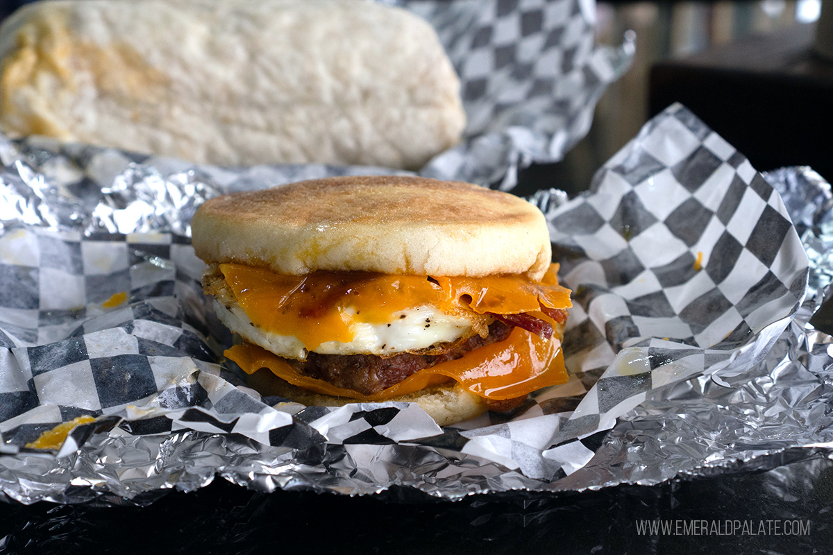 breakfast sandwich on English muffin at a place to eat in Walla Walla