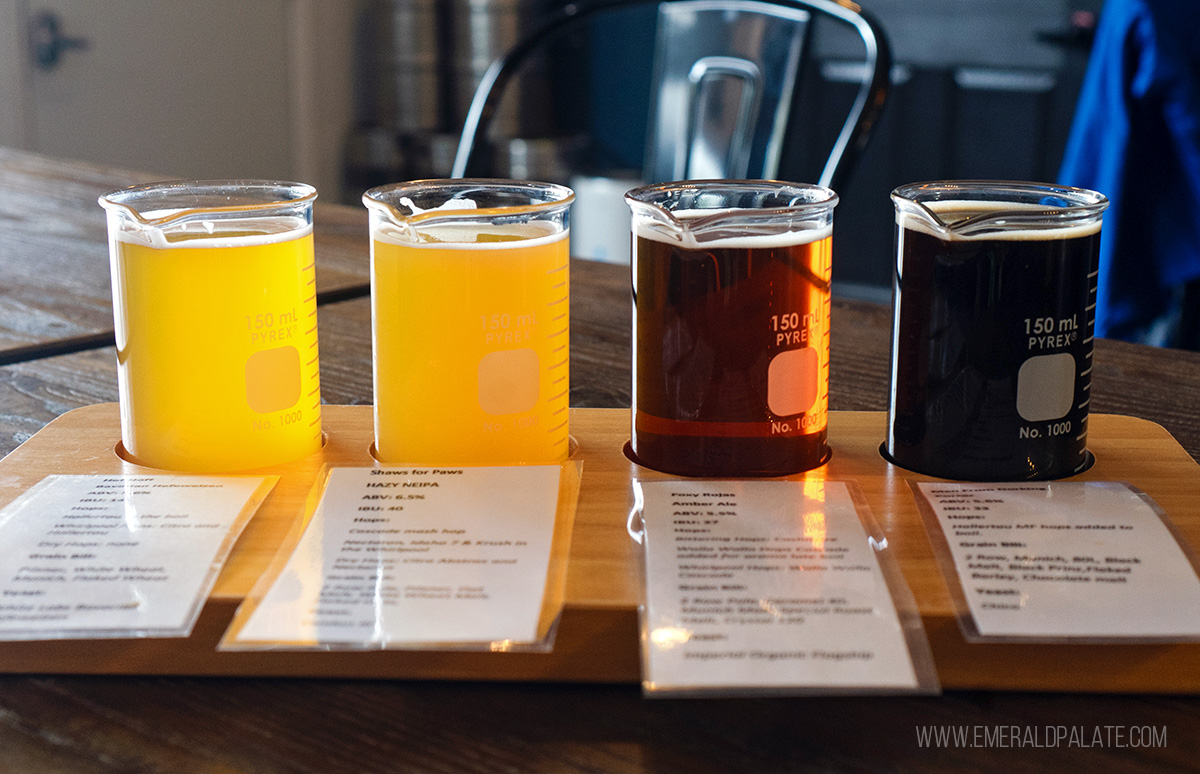 flight of 4 beer tastes at a Walla Walla brewery