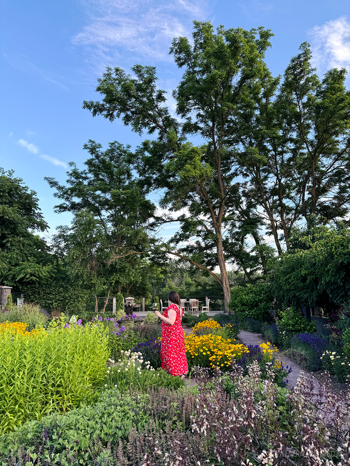 woman enjoying wine in a garden