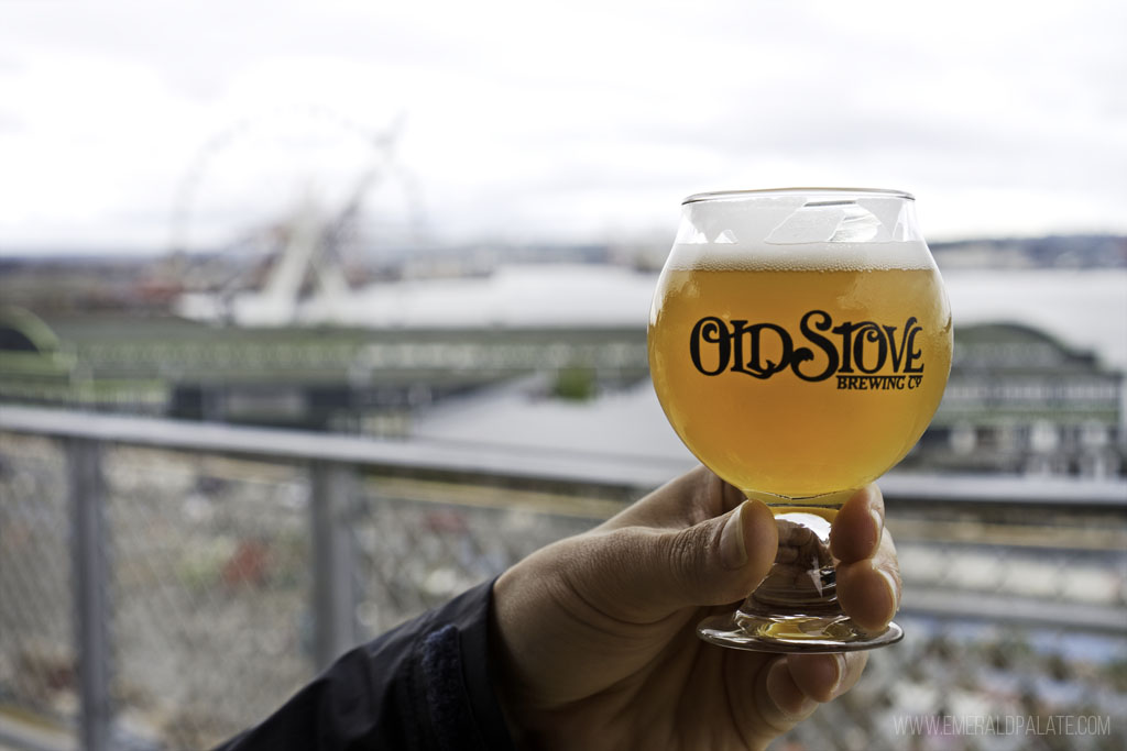 person holding a beer glass with Seattle waterfront in the back
