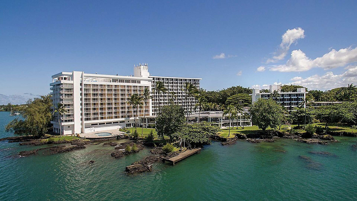 exterior view of a waterfront hotel on the Big Island