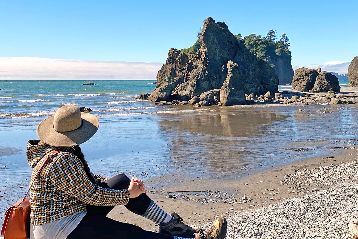 woman on Ruby Beach, a must visit on the Olympic National Park itinerary