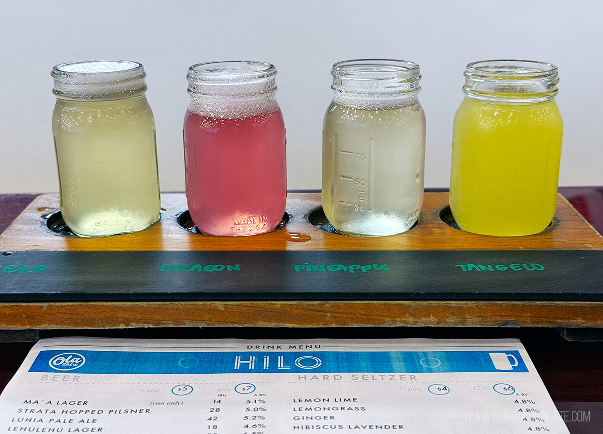 flight of 4 colorful hard ciders from Ola Brewing in Hawaii