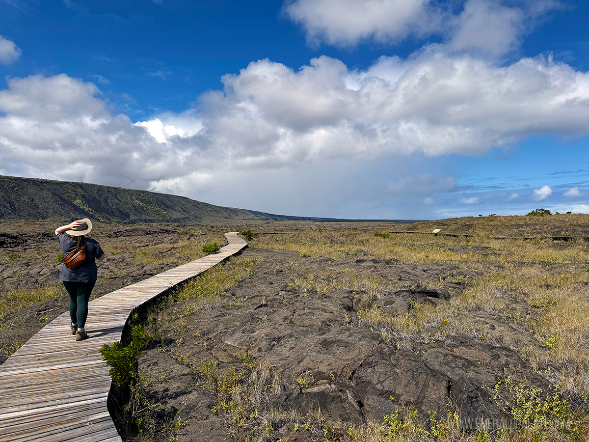 person walking on a boardwalk in Volcanoes National Park, one of the best things to do on the Big Island in Hawaii