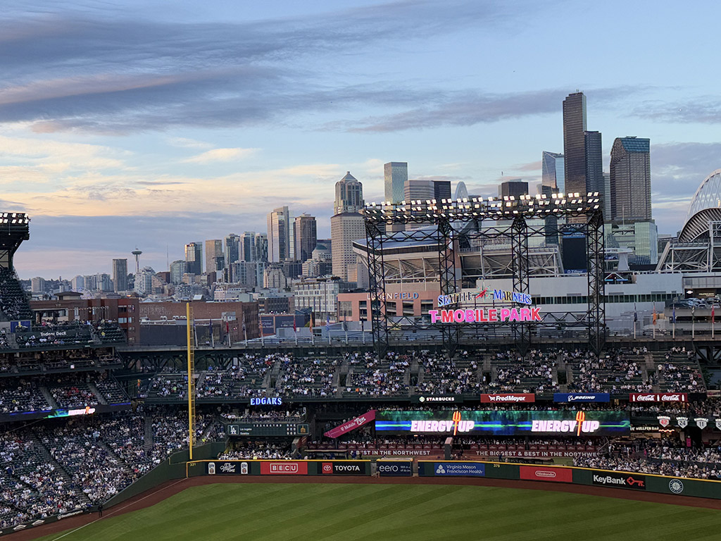 View of Seattle skyline from T-Mobile Park baseball stadium