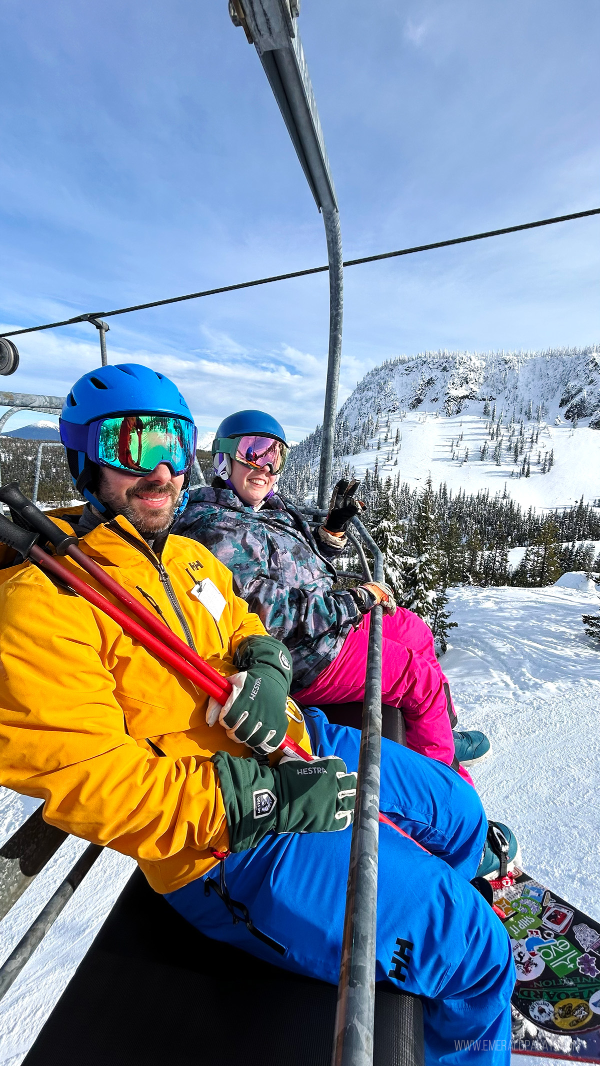 man and woman on the ski lift while Bend, Oregon skiing