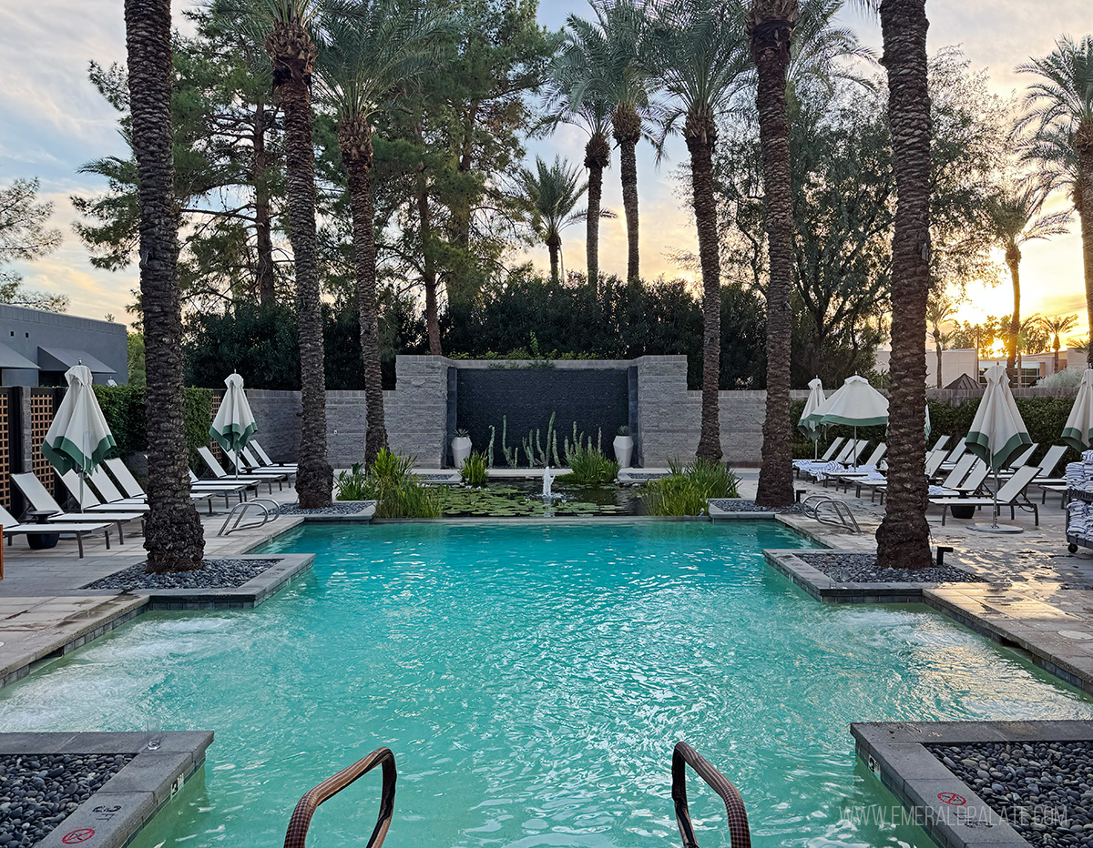 steps leading into a serene pool surrounded by palm trees at a Scottsdale, Arizona spa