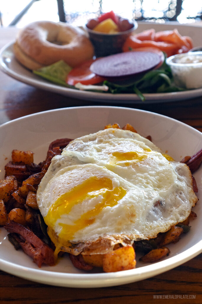 poached egg on top of corned beef hash at a Scottsdale breakfast spot
