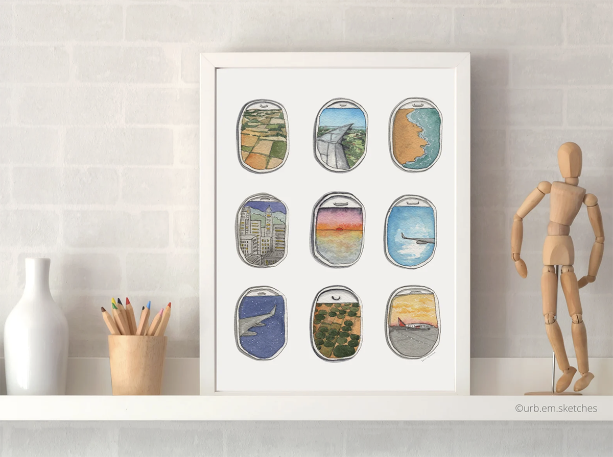 travel art print with illustrations of views from airplane window