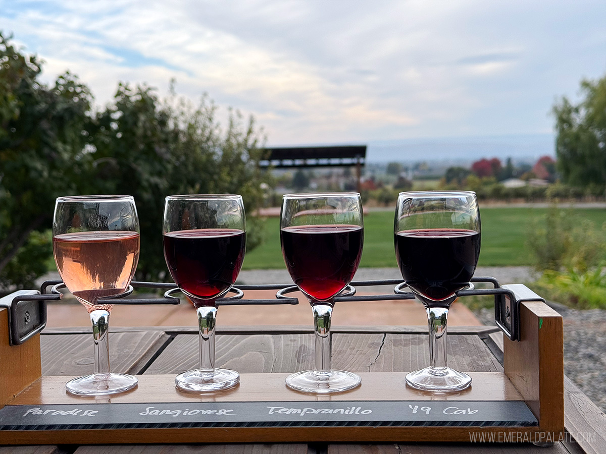wine tasting flight outside at a tasting room
