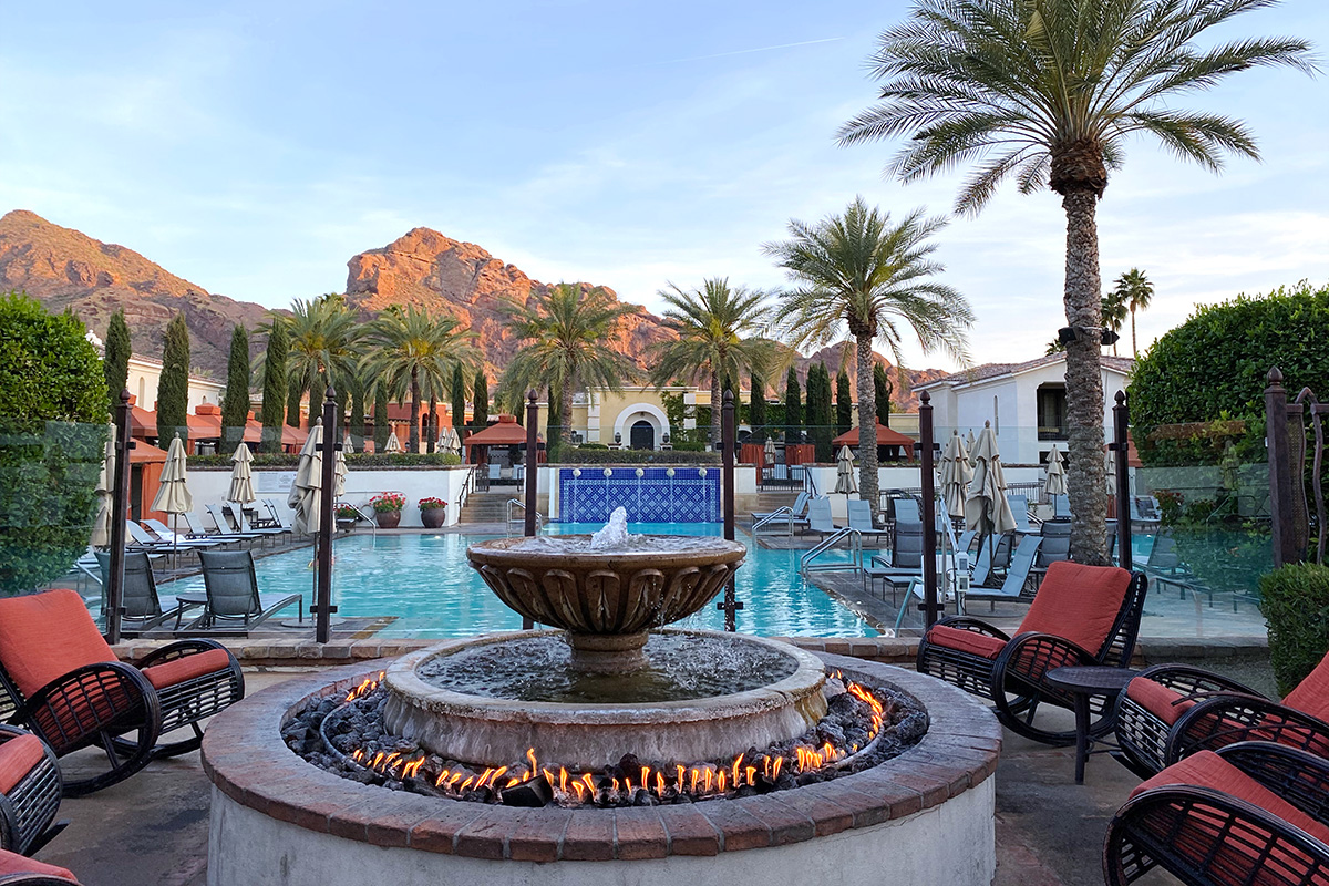 Where to stay in Scottsdale: a gorgeous pool and fire pit overlooking Camelback Mountain