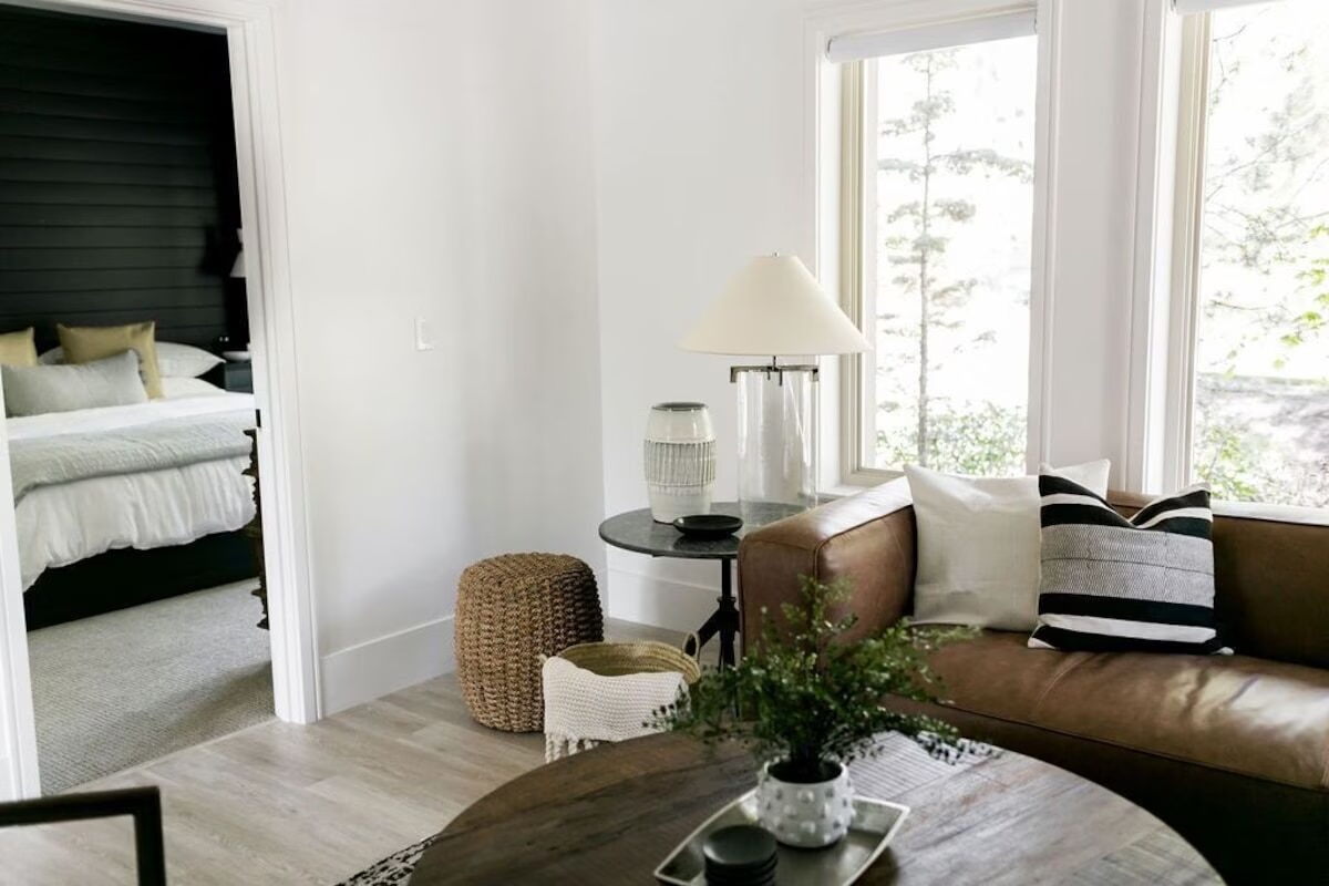 living room and bedroom living room and bedroom of a modern vacation rental in Bend OR