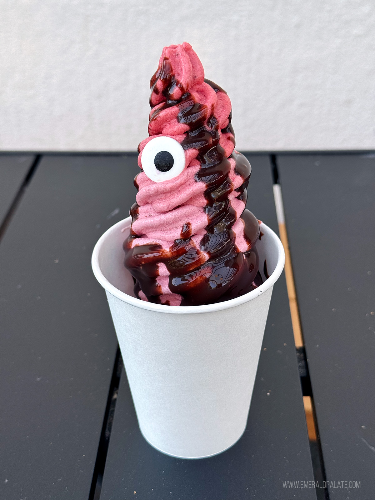 fruit soft serve with an eye on it to make it look like a monster