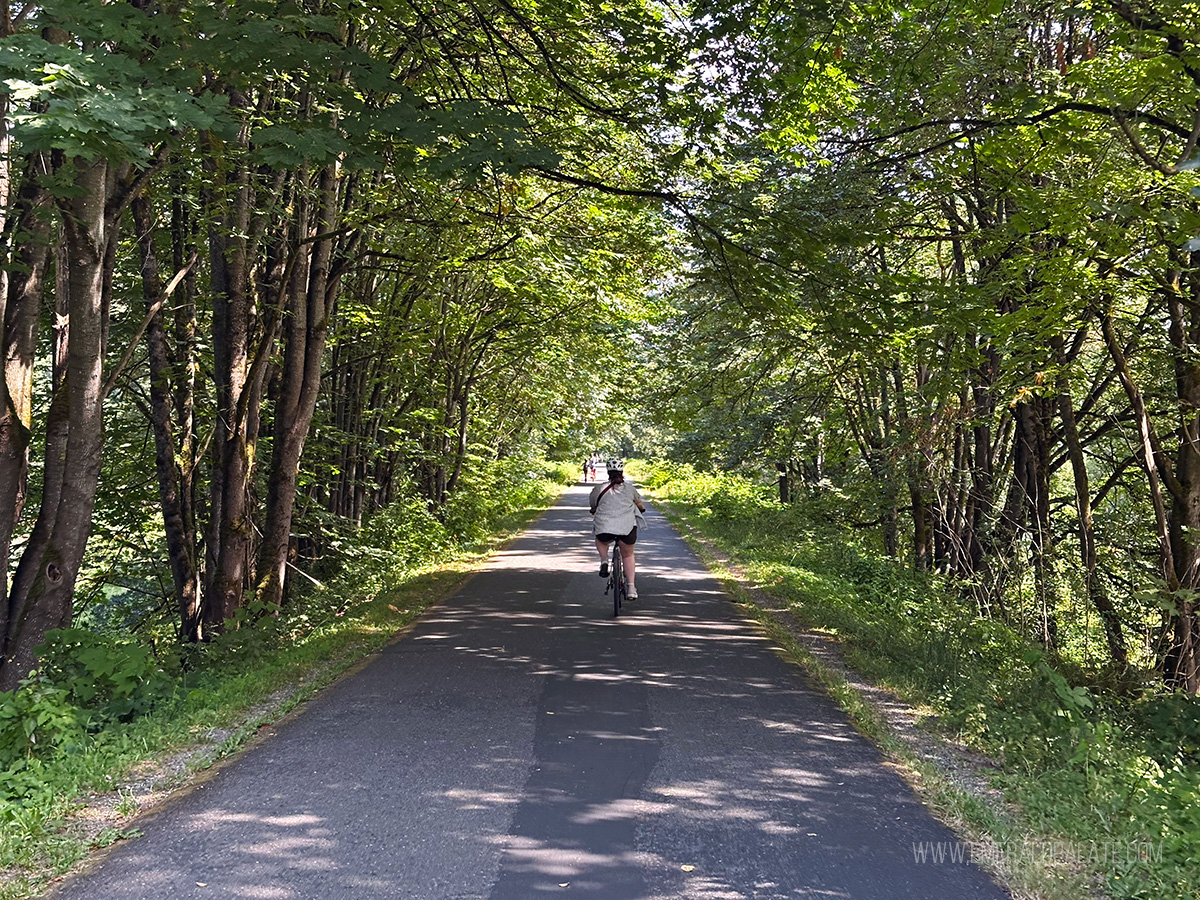 woman biking along a wooded path