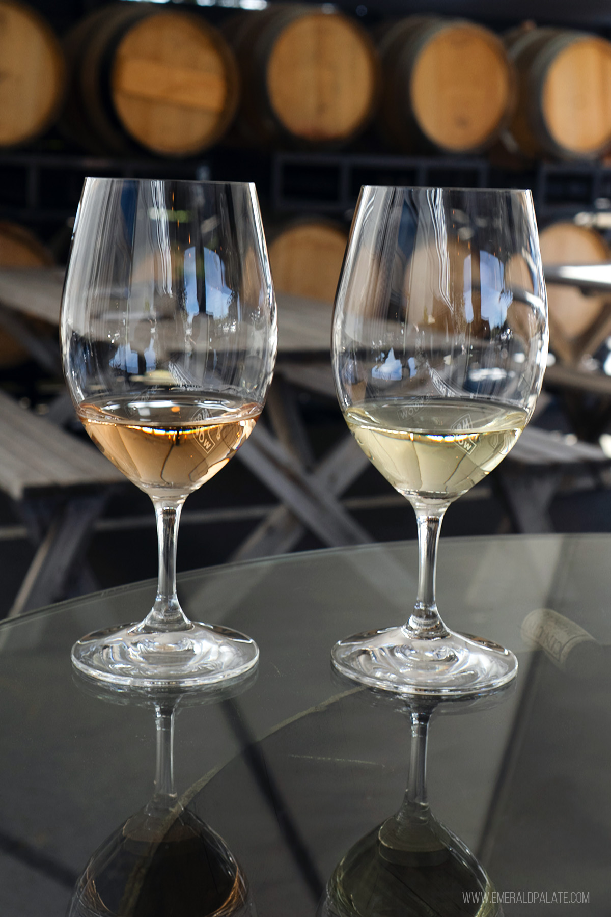 Two wine glasses featuring white and rose wine